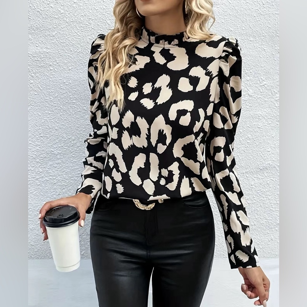 NEW graphic black cream lettuce trim blouse work classy